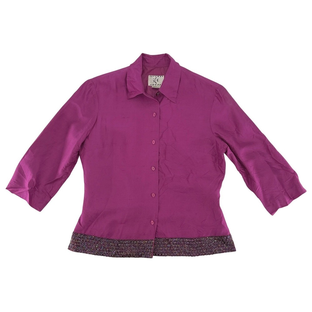 Ice Women's 100% Silk Pink Beaded Button Up Shirt Size Size 8 Preppy FLAW
